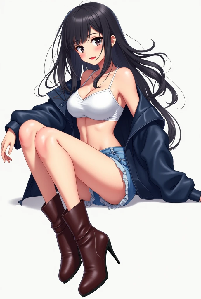 Anime, girl, white bra t-shirt, navy jacket, short jean pants, brown high heel boots, long black hair, black eye, lip stick, idol