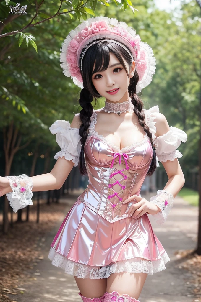 (nsfw), sexy stylish Thai model, only 1 female, ((doll-like appearance)), short neon pink stylish hair, ((shiny Victorian-Style boots)), (big smile), ultra detailed eyes, vivid eye makeup, lipgloss, long lashes, defined eyebrows, ((sexy Paradise Kiss cosplay)), bell-shaped skirt, petticoats, high neckline, puffed sleeves, ((ultra detailed lace)), ((ultra detailed embroidery)), intricate details, Paradise Kiss accessoires and matching headpiece, choker, ((large sparkling Paradise Kiss jewelry)), cinematic light, detailed large park background with trees