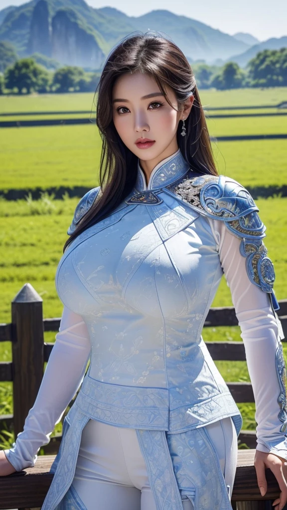 (1 female)), ((16K)), Mature Woman, (((Attractive Asian Model:1.0))),((Beautiful Asian Model))、(((Ao Dai)))、(((Vietnamese national costume)))、(((Toned body))),(((Big Breasts))),(((Big Breasts))), ((8k, Highest quality:1.2))、((masterpiece)), High resolution, (Skin Texture:1.1), Highest quality, 超High resolution, (Realistic: 1.4), RAW Photos,((Perfect Face))、Age 35, Toned body, Black Hair,A well-trained body、 (Blue and white outfit)、((The background is the field)),(((The background is farmland))), ((Warrior with a sword)), masterpiece, ((Ultra HD)), Insane Details, Realistic, Detailed face, 詳細なSkin Texture, Blurred Background, (( Wearing a breastplate)), (((Big Breasts))), (Ancient fantasy soldiers),(Ancient soldier armor),Combat Accessories,vision, Perfect Face, Delicate eyes, Voluminous lips, Big eyes, ((Long trousers))、(((Armor with intricate patterns))、looking at the camera、Looking at the camera、