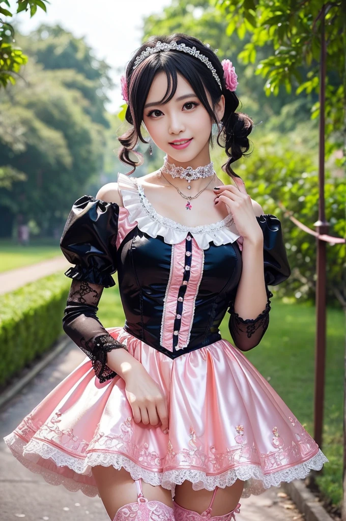 (nsfw), sexy stylish Thai model, only 1 female, ((doll-like appearance)), short neon pink stylish hair, ((shiny Victorian-Style boots)), (big smile), ultra detailed eyes, vivid eye makeup, lipgloss, long lashes, defined eyebrows, ((sexy Paradise Kiss cosplay)), bell-shaped skirt, petticoats, high neckline, puffed sleeves, ((ultra detailed lace)), ((ultra detailed embroidery)), intricate details, Paradise Kiss accessoires and matching headpiece, choker, ((large sparkling Paradise Kiss jewelry)), cinematic light, detailed large park background with trees