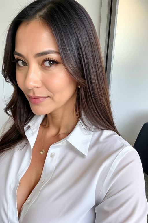beautiful woman of 45 years old, looking directly at the camera, very realistic, instagram selfie, closeup face, , film grain, fit muscular body, big breasts, focus on face, clothes too tight, disappointed in viewer gray eyes, black、Straight White Shirt、blackのタイトスカート、Jacket Study Office Style、career woman
