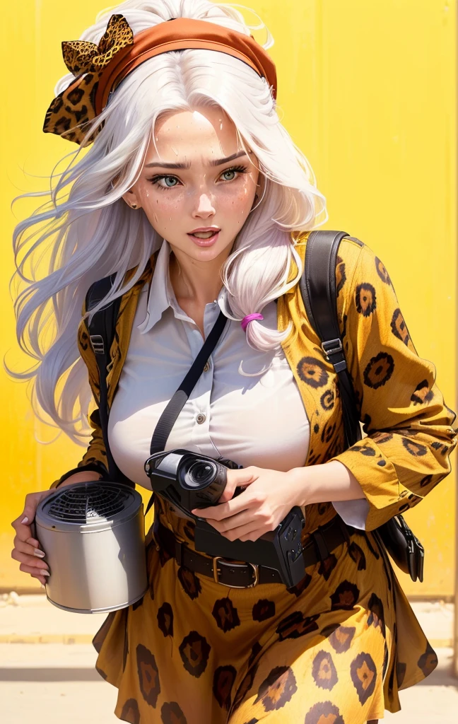 Close-up of a 40-year-old woman wearing a leopard print shirt and hat, Please create an illustration of a beautiful girl holding a loudspeaker and screaming cutely. Sweat. Very hot . Summer .Her hair color is white. Her eye color is blue. Her hair style is ponytail . She is wearing a school uniform. She's on the cliff . She has one foot in front of the other.
