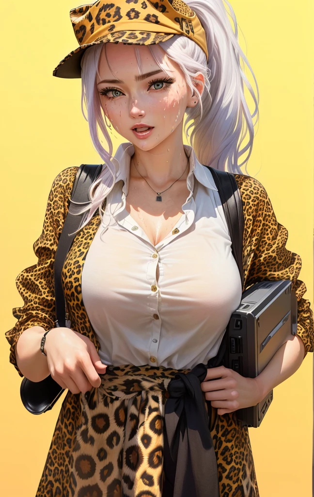 Close-up of a 40-year-old woman wearing a leopard print shirt and hat, Please create an illustration of a beautiful girl holding a loudspeaker and screaming cutely. Sweat. Very hot . Summer .Her hair color is white. Her eye color is blue. Her hair style is ponytail . She is wearing a school uniform. She's on the cliff . She has one foot in front of the other.