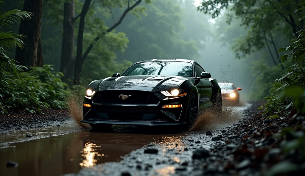A black ford mustang running through a dark muddy rainforest