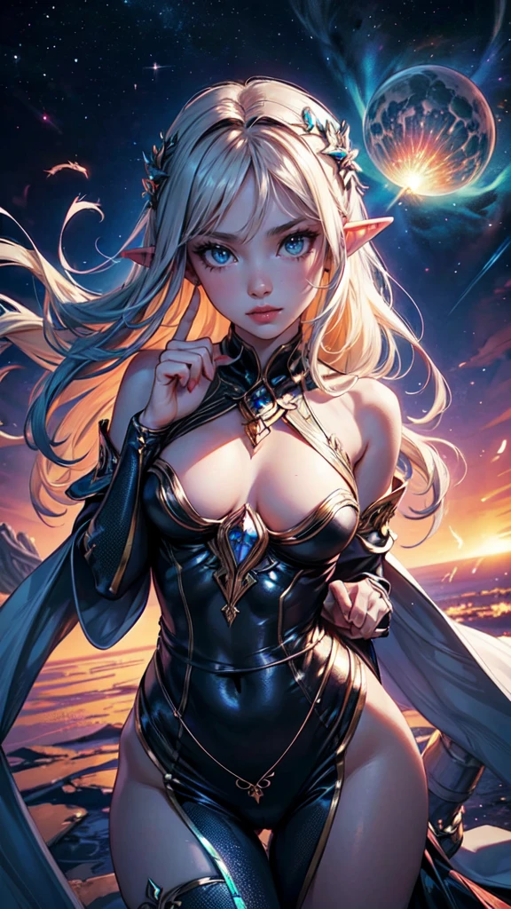 detailed face, detailed eyes, detailed hands, elf woman, full body,,（Incredible and spectacular scene，Beautiful Belarusian girl，Upper body emerges from glowing cloud fractal nebula lines，Clear face，crystallineAI，cosmic entity，a heavenly being，kosmos，vibrant and vivid，swirles，twist，unpractical，hight contrast，Co-metabolism，magical，mistic，mistic，hyper realisitc，Supersaturation，rich colourful、sexy pose、Finger Heart sexy pose,elf woman
