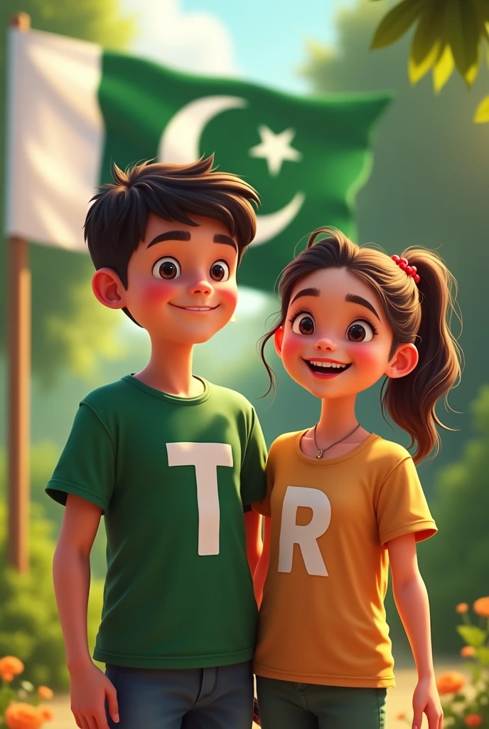 14th august boy and girl together and write boy shirt T. And in girl shirt R young girl and boy with Pakistan flag