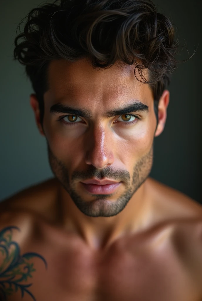very handsome man with deep eyes, super sex appeal, thick brows, the photo was taken by a professional photographer using 35mm prime lens with 2 aperture, the photo is half body  the chest shoulder is visible, the photo is crystal clear and focus on the man make it appear the photo is candid and natural