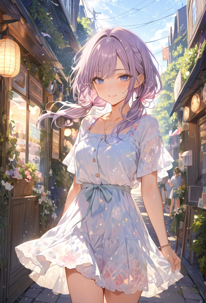 Highest quality　masterpiece　High resolution　masterpieceグレーアイズ　Low Twintails、casual summer outfit　、flowerpunk、Sparkling light particles、Vivid gradient effect