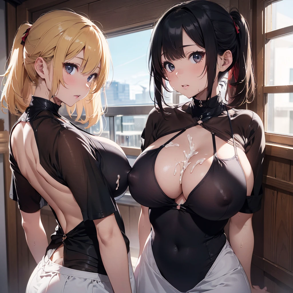 2lady(different hair style), ((ultra-quality)), (:1.5), , (side view), (profile), (backwards), ( back), (side colossal :1.6), (in 8K), (arms behind back:1.5), (arms are down), ultla highres, Hyper Detailed, High contrast, Ultrafine Strike, creative refinement, absurdres, Realistic, extremely detailed CG unified 8k wallpaper, Highly detailed, High-definition raw color photos, professional photography, (Realistic portrait), Cinematic Light, Beautiful detailed, 28 years old woman, (realistic skin:1.3), (shiny skin), (Best Quality:1.4), Super Detail, High quality, ​master piece, lifelike, (After ), , Perfect face, ( on :1.5), (:1.5), (covered by lot of :1.3), (Sharp Focus), (upper body), (close up), Delicate Beautiful Hair and Eyes and Face, Delicate eyes, radiant eyes, Lifelike, Hyper-detailing, (Silk backless dress:1.3), ( shoulder), (sleeveless), (no bra), (covered ), (mini skirt), (Sheer :1.1), (colossal :1.6), (:1.5), (Beautiful :1.5), (smooth stomach), (covered :1.4), (arms behind back:1.3), Beautiful cute woman,  details, (SFW), wet clothes, (slim body), slim, wet, pale black eyes, (bob cut), (medium hair), (long bangs), (smooth back)