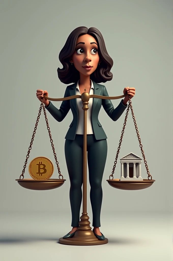 Vice President Kamala Harris is holding a large scale.、On one plate「Cryptocurrency」Bitcoin and Ethereum logos as symbols of、On the other hand,「Traditional Financial System」Illustration of a dollar sign and a bank building symbolizing