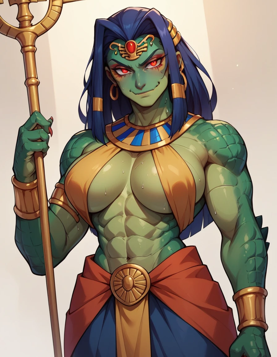 Cleopatra girl, pink ponytail hair, huge breasts, extreme muscular body, extreme muscular arms, extreme muscular tights, green scale skin, dragon horns, dragon wings, paws, 3 dragon tails.