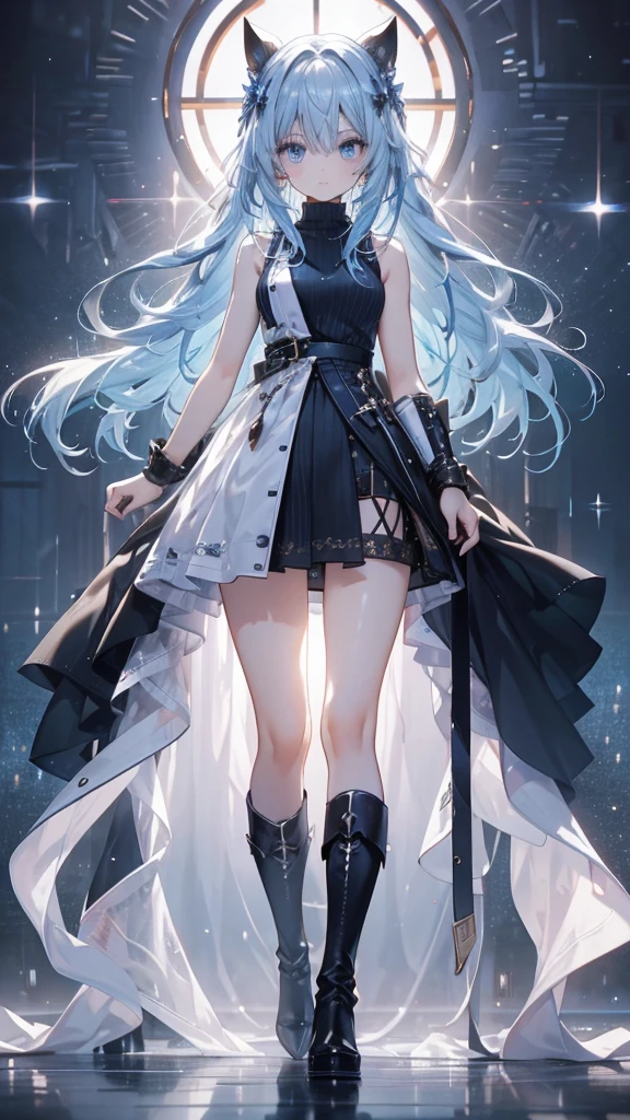 long hair，thin，，Clarity，high-definition，big eyes，Blue Eyes，Facing the audience，beauty，Extremely high image quality，超Clarity的画面，modern style，Over-the-knee boots，Sleeveless sweater