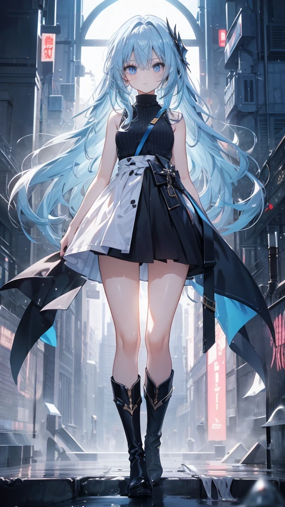 long hair,thin,,Clarity,high-definition,big eyes,Blue Eyes,Facing the audience,beauty,Extremely high image quality,超Clarity的画面,modern style,Over-the-knee boots,Sleeveless sweater
