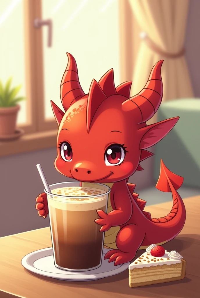 Anime Chibi red dragon sipping iced coffee with cake