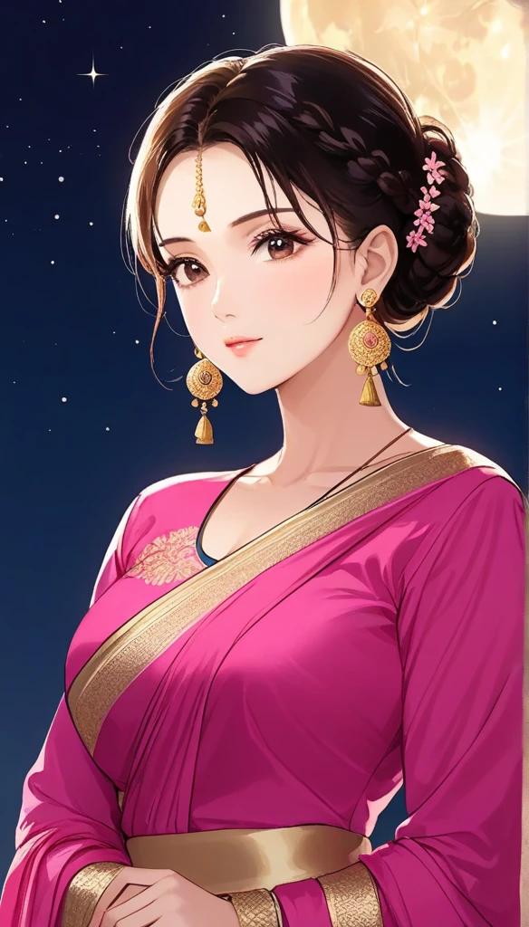 (1woman, mature, hair braid bun , full sleeve blouse pink bold saree, double heavy long moon shape tassel jhumka earrings , detailed alluring