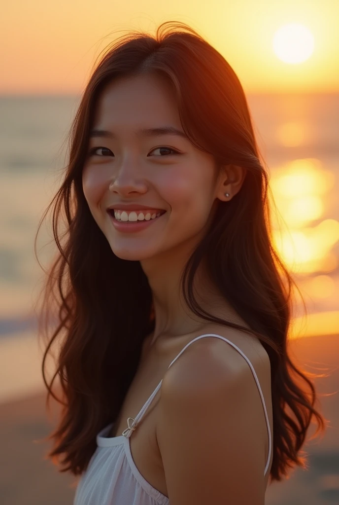 Highest quality,masterpiece,Ultra-high resolution,(Reality:1.4),Original photo,Cinema Lighting, One Japanese woman、,smile,Long medium straight hair、Brown Hair、Flat chested 40 year old woman、Backlight,sunset,