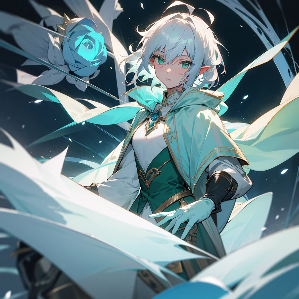 Elf, silver hair,short hair, medium cut, ahoge, curly hair,green eyes,slender, fair skin, robe,  cloak,White gloves, blue effect, ice effect, triumphantly,Ice Rose ,magic,green rose,Noble son