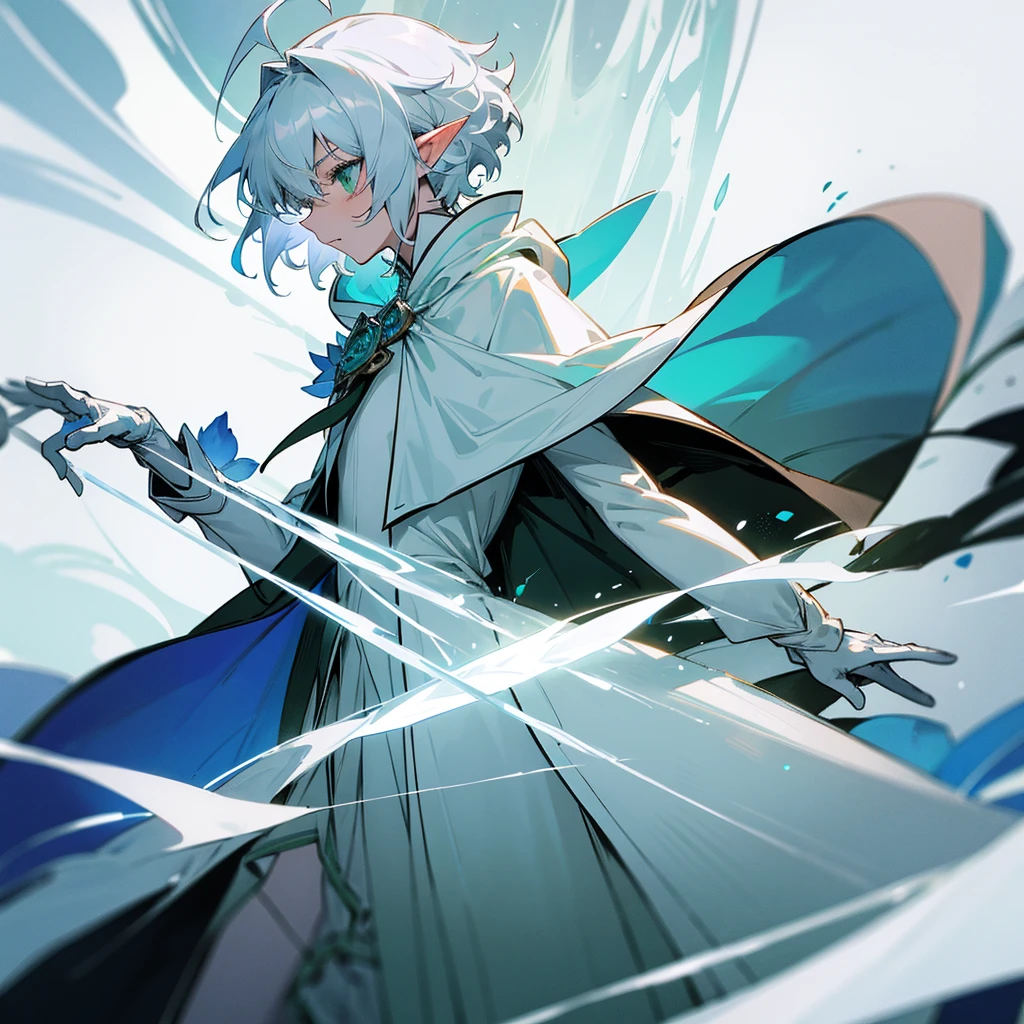 Elf, silver hair,short hair, medium cut, ahoge, curly hair,green eyes,slender, fair skin, robe, cloak,White gloves, blue effect, ice effect, triumphantly,Ice Rose ,magic,green rose,Noble son
