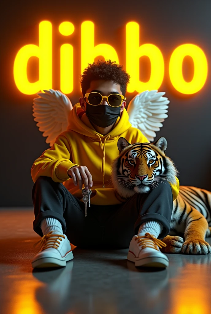Create a 3D illusion for a profile picture where a 16 Year old attitude boy in a sunglasses and mask yellow and black dress Sitting casually on a Vigo . With a yellow neon light Vape And Keys on hand. And a ferocious yellow neon light black Tiger by my side. Wearing sneakers, he looks ahead. The background features "dibbo" in big Light Cars Room and capital yellow neon light fonts on the black wall. There should not be his shadow, and there are wings to make it appear as if he is an angel