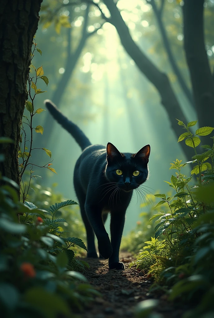 Black cat walking in the woods