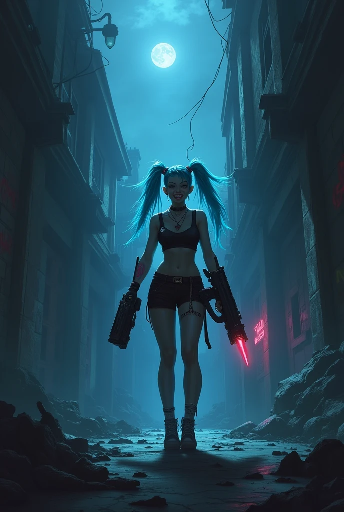 Create LOL Jinx with a dark shadowy scenario with enemies
