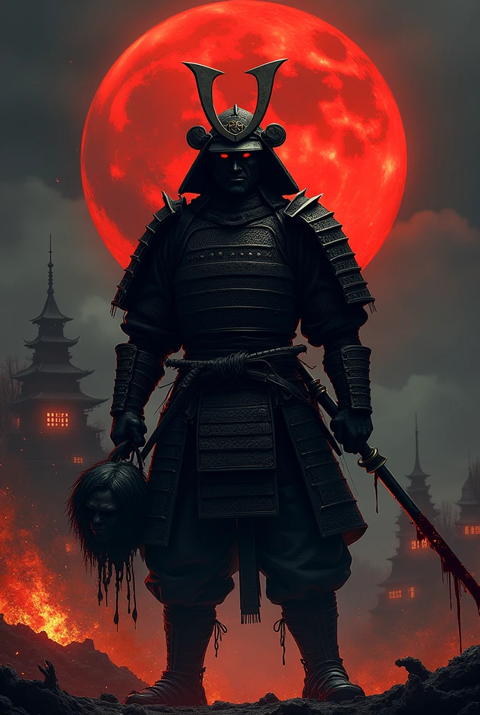 Make a bloodlust samurai with katana in one hand with blood on it and a severed head in the other hand and standing in front of a castle which is on fire in the night with a blood red moon 
