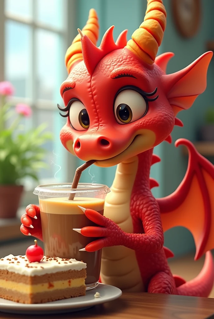 Animated red dragon sipping iced coffee with cake