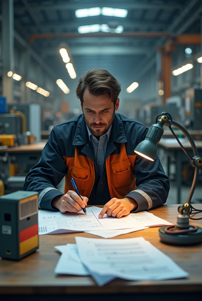 Electrical engineer 
Work clothes 
In a factory 
Desk
Series
Some paper
Euro pack
German flag
