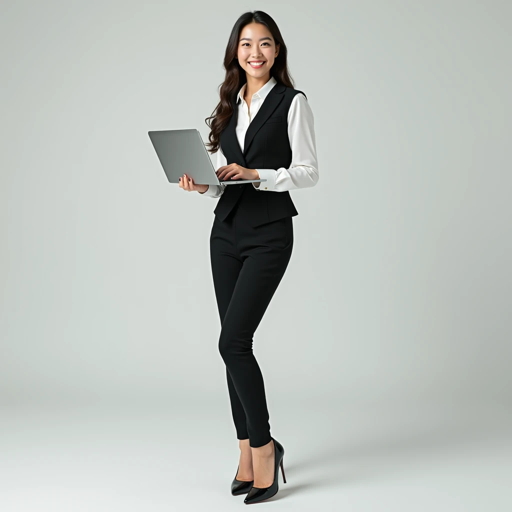 Create an image of an 18-year-old Asian businesswoman standing while working on a MacBook, smiling with a cute face. The image should be full-body, showing her wearing a slightly revealing vest, with high heels, exuding a youthful and successful appearance