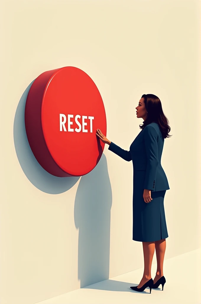 attempting to press a large red「reset」An illustration of Vice President Kamala Harris standing in front of a button、button.