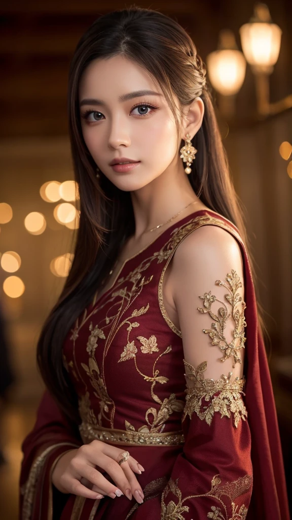 ワインレッドの心,1girl,beautiful detailed eyes,beautiful detailed lips,extremely detailed face,longeyelashes,elegant woman,detailed portrait,beautiful intricate dress,detailed flowing hair,moody lighting,dramatic chiaroscuro,rich burgundy color palette,cinematic composition,award winning photography,photorealistic,highly detailed,8k,best quality,masterpiece