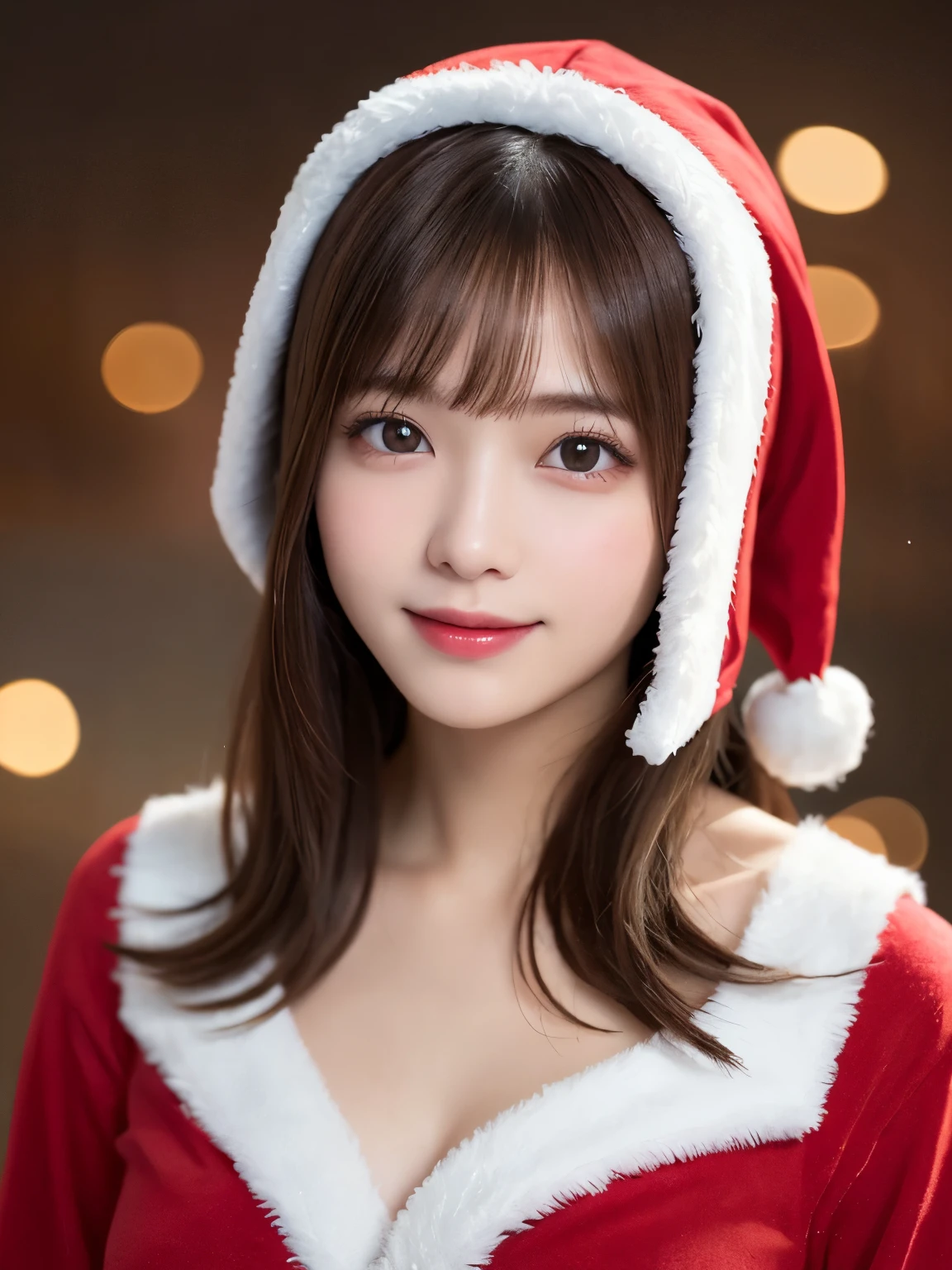 blurred christmas tree background, half body portrait, bust shot, looks happy, gentle smile, one girl, (a beauty girl, delicate girl:1.3), (20 years old:1.3), break, (dress up as Santa Claus), break, very fine eyes, (symmetrical eyes:1.3), break, C cup breasts, brown eyes, parted bangs, brown hair, (smile), break, (eyes and faces with detailed:1.0), break, (masterpiece, best quality, ultra detailed, detailed face, 8k)