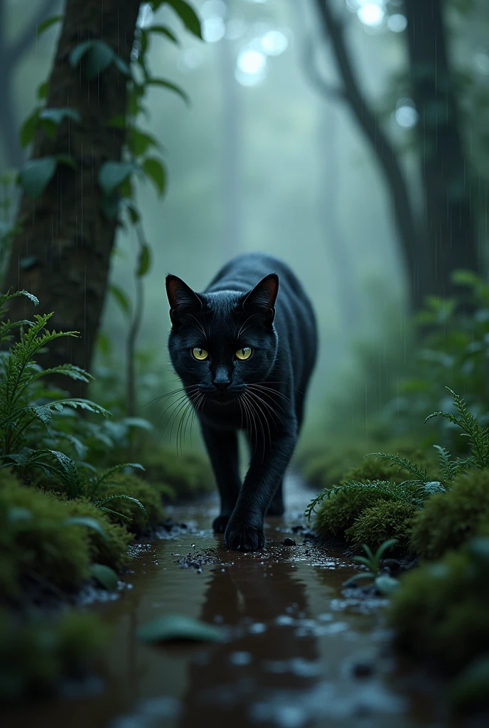 Black cat walking in the woods in the rainy day