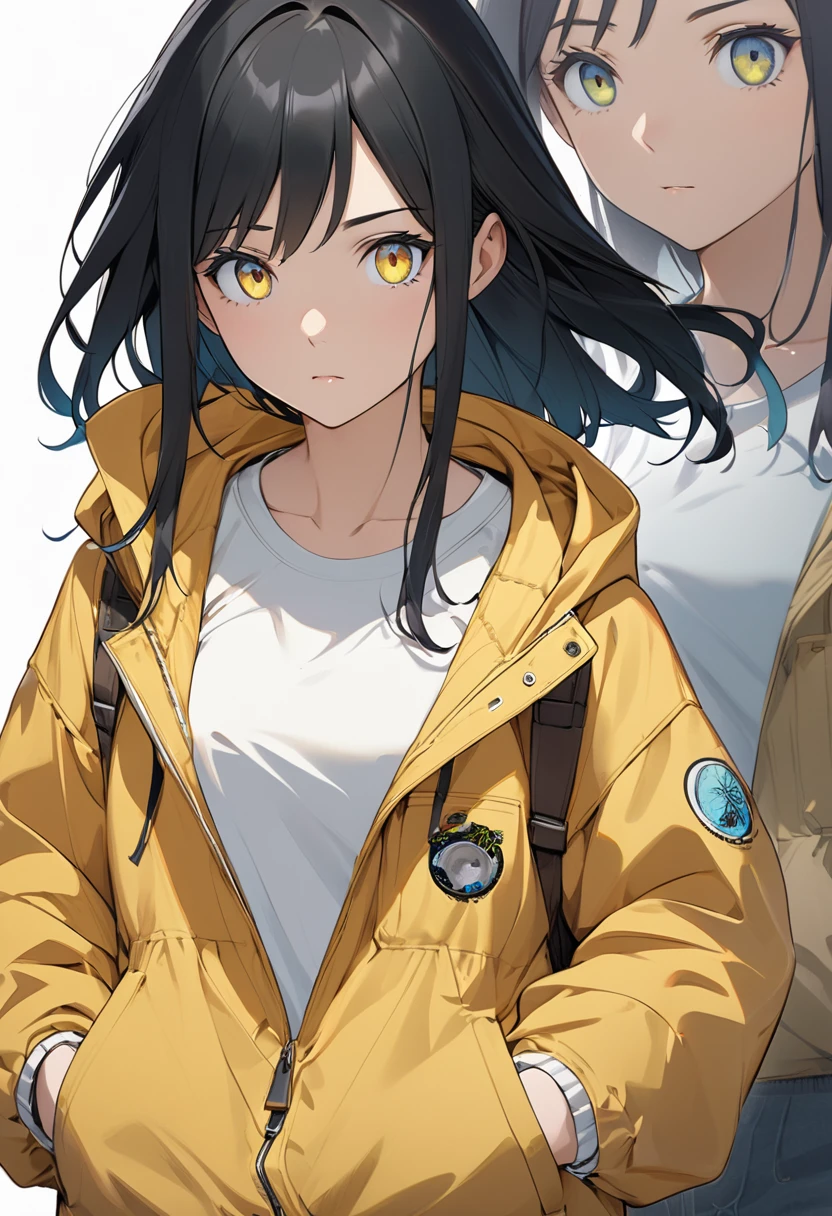A girl, yellow jacket, hands in pockets, staring at another person, long black hair, heterochromic eyes, heterochromic eyes, heterochromic pupils, 8k resolution, very detailed, anatomically correct, digital painting, concept art, Makoto Shinkai style, clear picture,