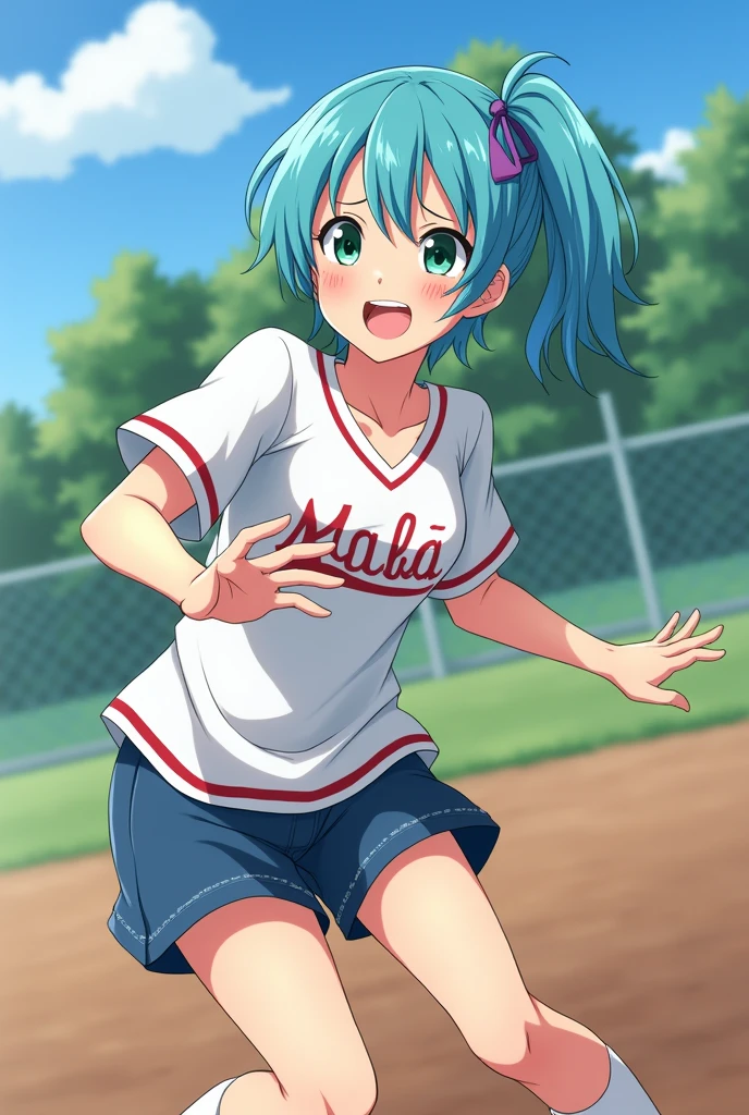 A girl with sky blue hair
Side ponytail
High school girl
Baseball
Short hair
Anime
Cute
Tomboy
Little devil
Junior
Green eyes