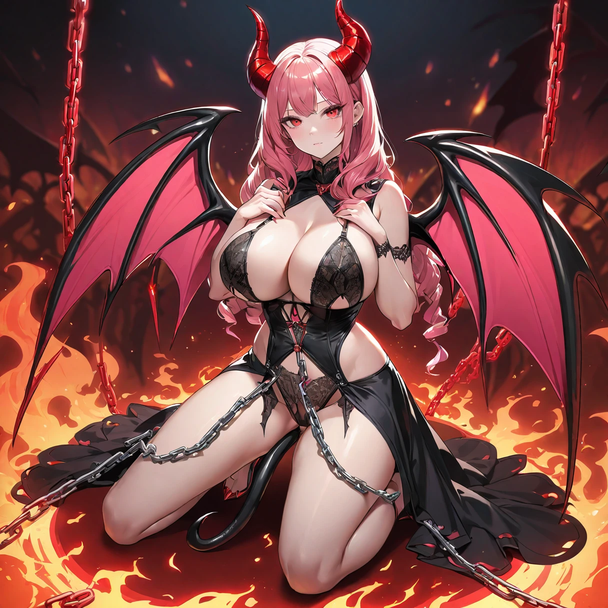 a horned demoness wearing an succubus dress is tied down with chains, demon tails, her wings tied behind her back, pink long hair, red eyes, expressionless, long twintails cut, looking at viewer, fire in background, chromatic aberration, demon horns, succubus, goddess, lingerie, devil, huge breast, wavy hair, sexy, red and black costume color, full body, detailed costume, angelic demon