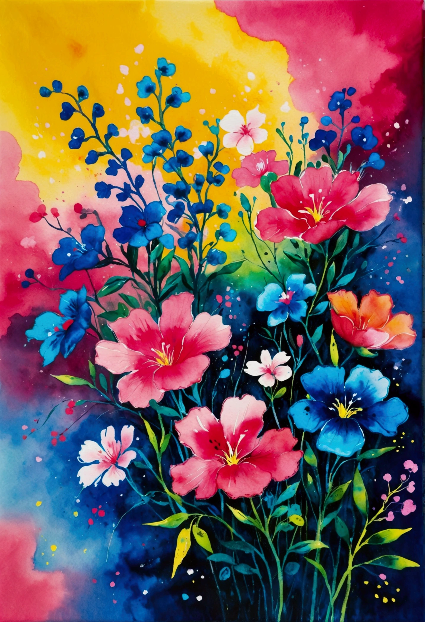 Ink wash painting。Flowers with pink background, Inspired by Ting Xiongquan, fun Vibrant Watercolors, Vibrant Watercolors painting, by Walasse Ting, Vibrant neon ink painting, Vibrant Watercolors, author：Li Keran, Vibrant gouache landscape, Flower splash painting, vibrant art, Surreal Waizi Flowers, Colorful flowers, Magic colorful flowers, Colorful flowers