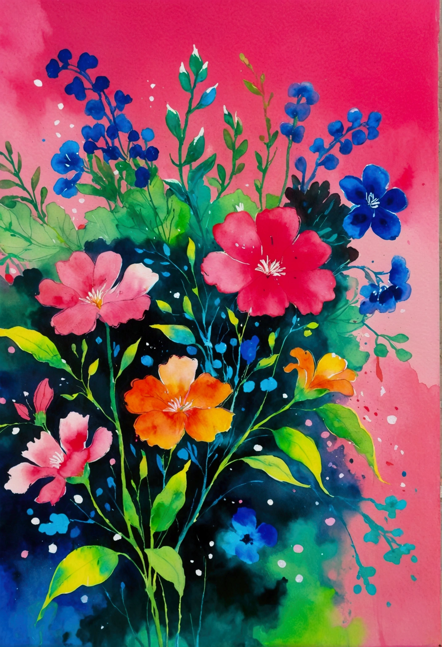 Ink wash painting。Flowers with pink background, Inspired by Ting Xiongquan, fun Vibrant Watercolors, Vibrant Watercolors painting, by Walasse Ting, Vibrant neon ink painting, Vibrant Watercolors, author：Li Keran, Vibrant gouache landscape, Flower splash painting, vibrant art, Surreal Waizi Flowers, Colorful flowers, Magic colorful flowers, Colorful flowers