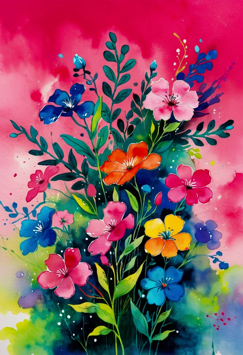 Ink wash painting。Flowers with pink background, Inspired by Ting Xiongquan, fun Vibrant Watercolors, Vibrant Watercolors painting, by Walasse Ting, Vibrant neon ink painting, Vibrant Watercolors, author:Li Keran, Vibrant gouache landscape, Flower splash painting, vibrant art, Surreal Waizi Flowers, Colorful flowers, Magic colorful flowers, Colorful flowers