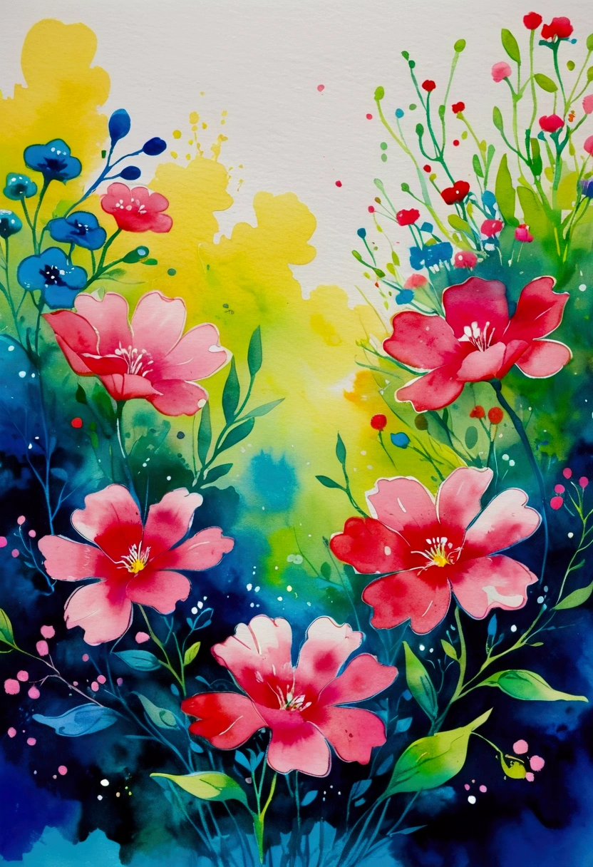 Ink wash painting。Flowers with pink background, Inspired by Ting Xiongquan, fun Vibrant Watercolors, Vibrant Watercolors painting, by Walasse Ting, Vibrant neon ink painting, Vibrant Watercolors, author:Li Keran, Vibrant gouache landscape, Flower splash painting, vibrant art, Surreal Waizi Flowers, Colorful flowers, Magic colorful flowers, Colorful flowers