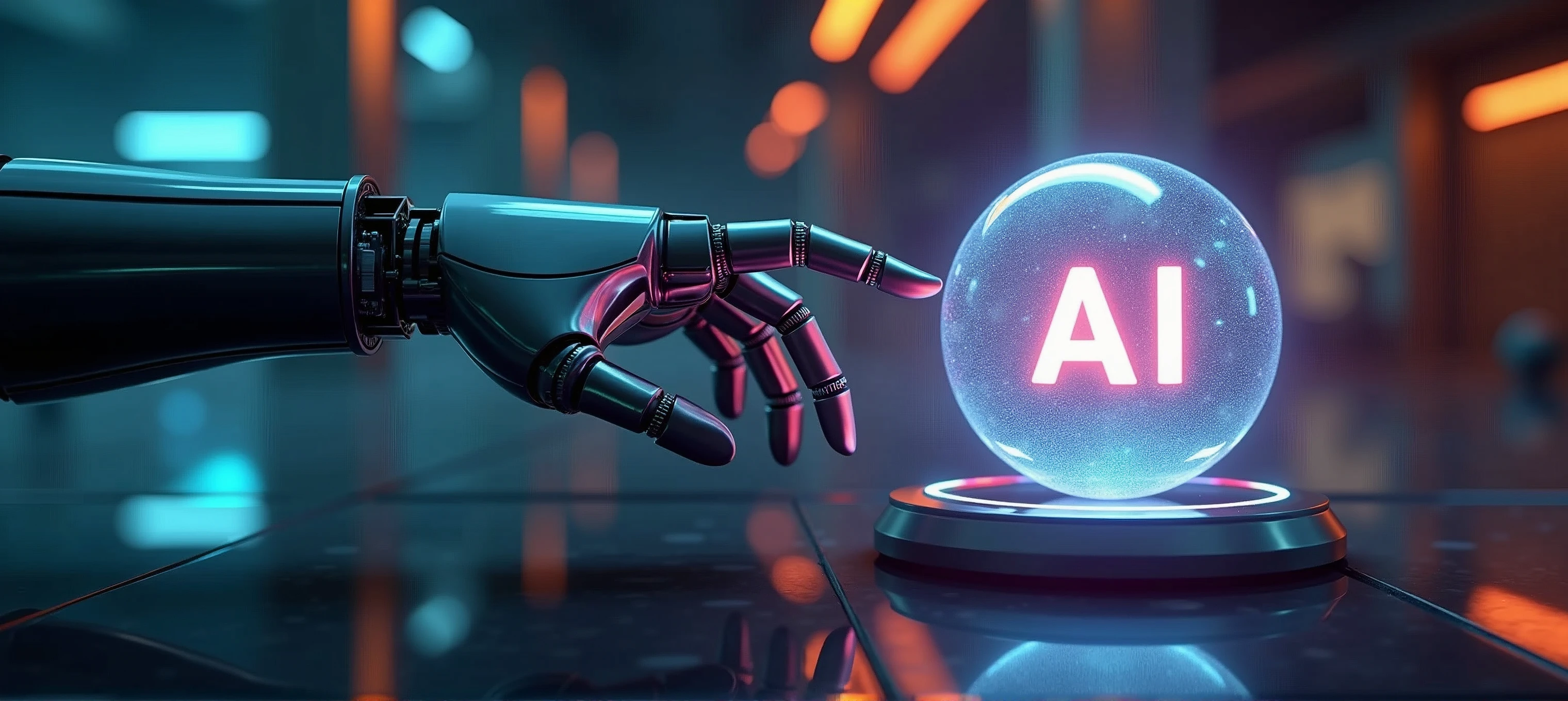 Robotic hand reaching out to touch a glowing energy ball with the text "AI" inscribed on its surface, set against a futuristic background with high-tech elements, showcasing a dynamic and electrifying interaction, the scene exudes a sense of advanced technology and innovation, with the energy ball emitting a bright, pulsing light that highlights the robot’s metallic surface and casts dramatic reflections