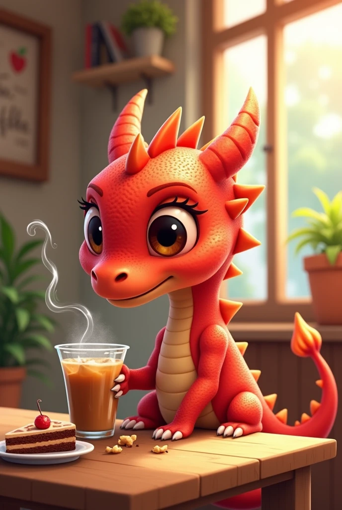 Animated cute red dragon sipping iced coffee with cake