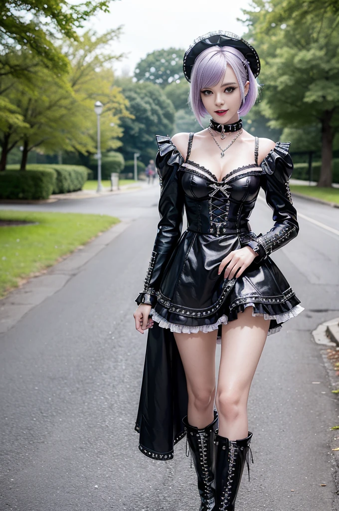 (),  stylish Swedish model, only 1 female, ((doll-like appearance)), short purple stylish hair, ((shiny Punk-Style boots)), (big smile), ultra detailed eyes, Punk makeup, lipgloss, (( Punk Lolita cosplay)), unconventional skirt, petticoats, high neckline, ((ultra detailed lace)), ((ultra detailed embroidery)), intricate details, tartan patterns, (silver chains), (silver spikes), (safety pins), Punk Lolita accessoires, Punk Lolita choker, ((large sparkling Punk Lolita jewelry)), cinematic light, detailed large park background with trees