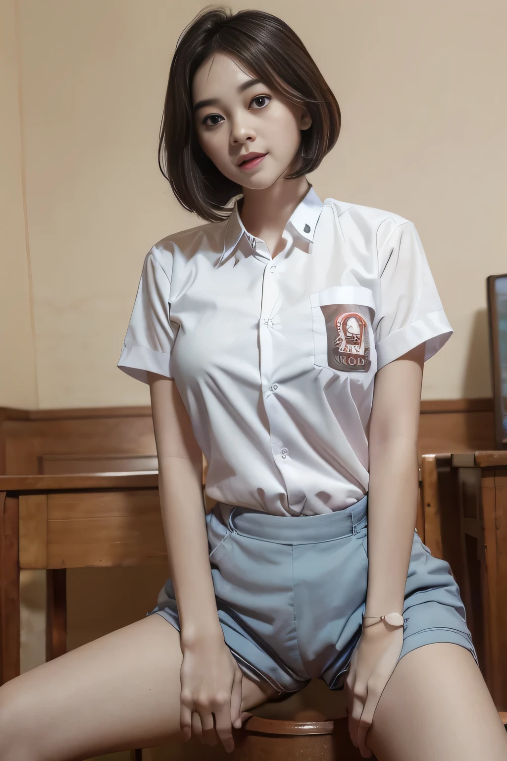 (View from below)、showing vagina, Browsing Caution:0.3、Female in classroom、Trendy short hair、(RAW, Best quality, high resolution, masterpiece: 1.3), Beautiful young indonesian girl, naked, sex pose, showing vagina, open legs showing vagina, porn, dildo on vagina, sensual body, ((senior high school clothes)), orgasm, highres, 4k, HDR, 1girl, photorealistic, realistic, big breasts, short wavy hair, ((whole body)) turning away facial at viewer, closeup, class-room、Super Beauty、Perfect Style、Perfect balance、Detailed skin、((Delicate photo)),(Detailed RAW photos of girls), (Tabletop:1.25), (highest quality:1.6), (超A high resolution:1.5), (It is realistic.:1.75), 8K resolution, Canon EOS R5, 50mm, Absurd, Very detailed,Cinema Lighting、((Spread your legs))、(Crotch stain on panties)