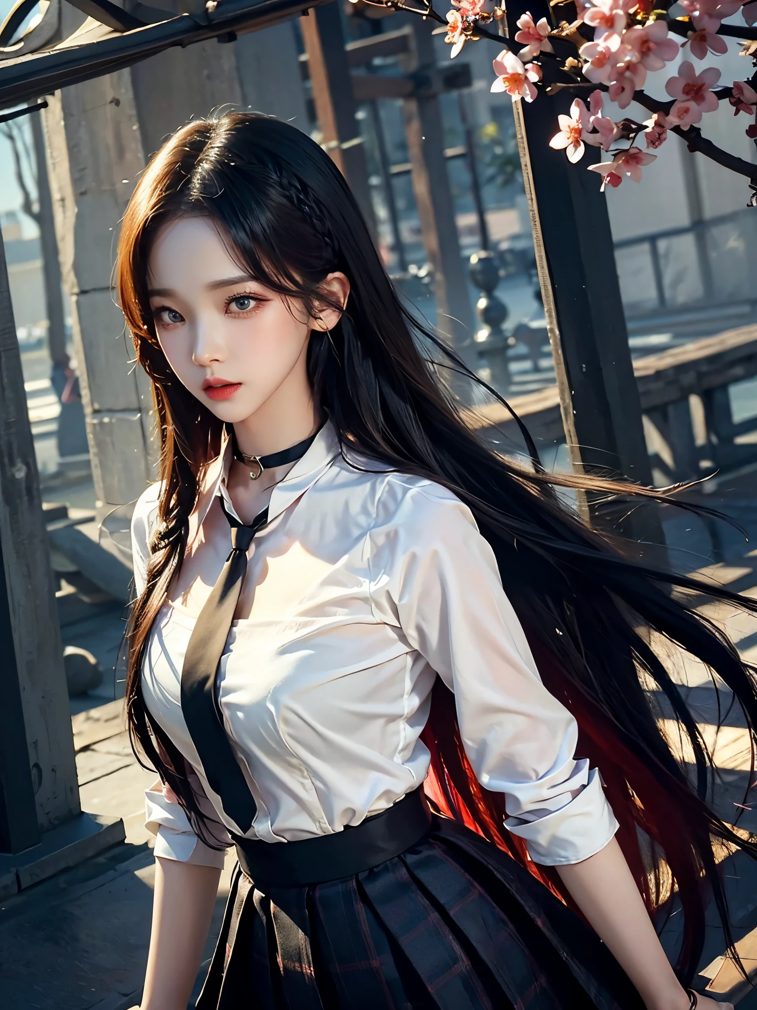 큰 chest, 젖어서 chest이 보이는 흰색 shirt, masterpiece, best quality, whole body, 1 woman, forehead, black choker, black necktie, blond hair, blue skirt, blush, bracelet, chest, choker, clothes approximately waist, clavicle, collared shirt, cowboy shot, dress shirt, ear piercing, eyebrows visible through hair, gradient hair, 이를 드러내고 laugh, fix, bijouterie, Kogal, long hair, looking at viewer, loose necktie, necktie, piercing, plaid, plaid skirt, pleated skirt, red eyes, ring, , shirt, skirt, laugh, alone, distance, sky, Cherry Blossom, petal,illustration, (Magazines:1.3), (sheathe-style:1.3), fashionable, female, vibrant, outfit, posing, front, fancy, dynamic, background, coercion, confidence, expression, possession, name, accessories, majestic, coil, approximately, touch, scene, texts, sheathe, brave, attracting attention, title, Refined, font, catchy, headline, bigger, striking, modern, Trend, Concentrate upon, fashion,