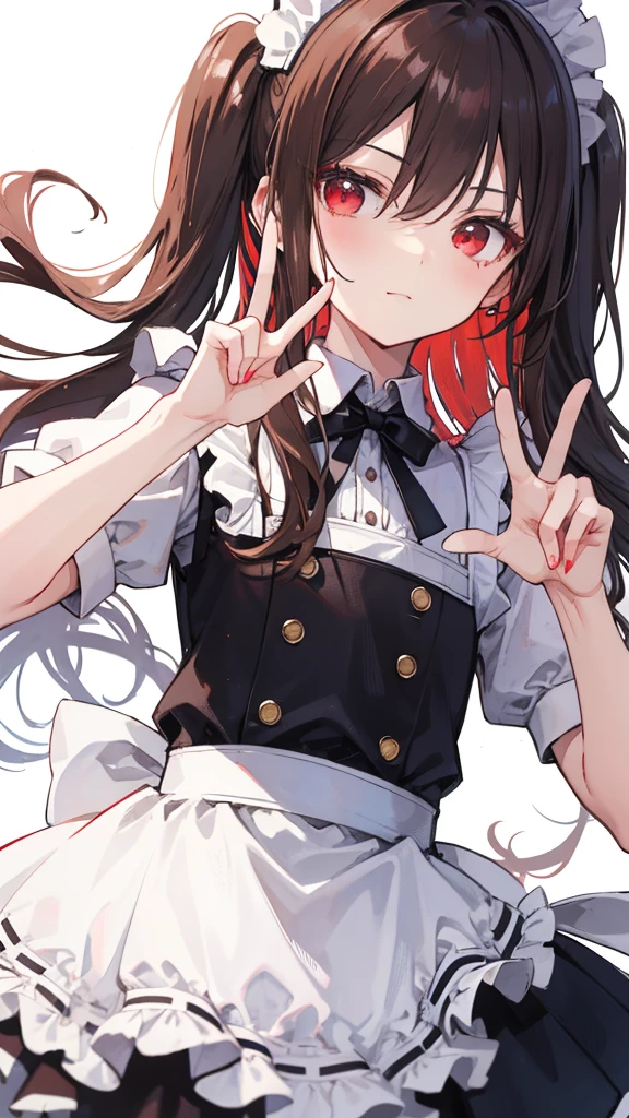 Maid clothes,Red eyes,Long Hair,Brown Hair,girl,He is making a peace sign with his left hand and looking at me.,Smooth hair,Shooting from below at an angle