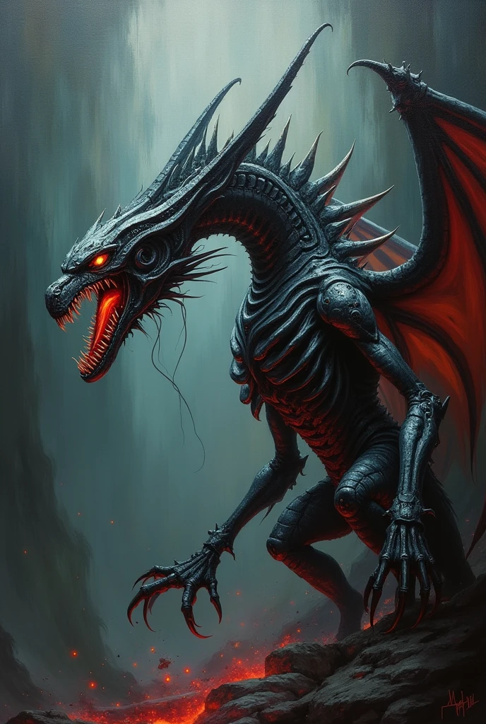 An oil painting of a Bloodborne alien style xenomorph dragon.
