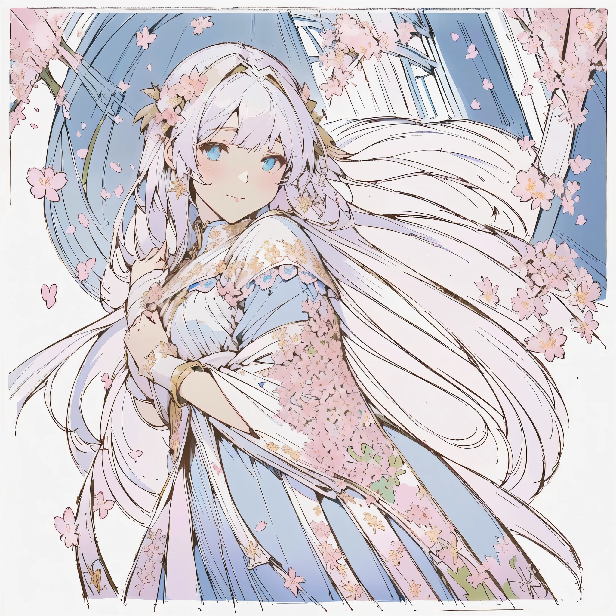 An anime-style image of a woman wearing a blue dress and a blue cape, ! dream ArtJam, extremely detailed ArtJam, Alphonse Muchaとロスドローズ, style of ArtJam, style ArtJam, ArtJam. Anime illustration, Lost Draw 2. 5, rossdraws, ArtJam style, Cherry Blossom Goddess、((Less exposed skin;1.7))、((Looking out of the camera))、Plant Relief、Cherry blossoms were introduced、((植物のCherry blossoms were introducedデザイン:1.5))、Detailed floral decoration、European woman face portrait , Mucha-style flowing long hair, blonde, Floral frame, Decorative panel, Abstract art, Alphonse Mucha, (masterpiece, Highest quality, High resolution:1.4), Familiar, Intricate details, 4K, Color Splash, Line art, Fibonacci, Alphonse Mucha風の絵画、The overall theme is pink and white