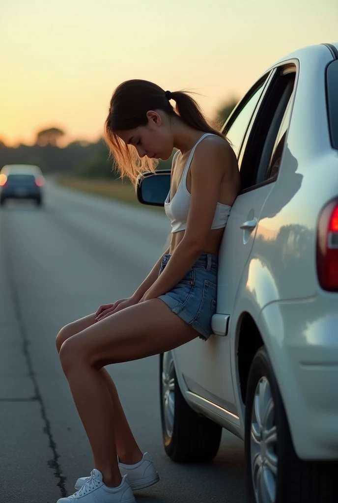 (A teen girl can’t hold it anymore) (no restrooms around) (she made her parents stopped the car in from of traffic to go pee) (Realistic) (she is peeing very urgently at side of the freeway) ( sitting on car with the open car door to hide herself