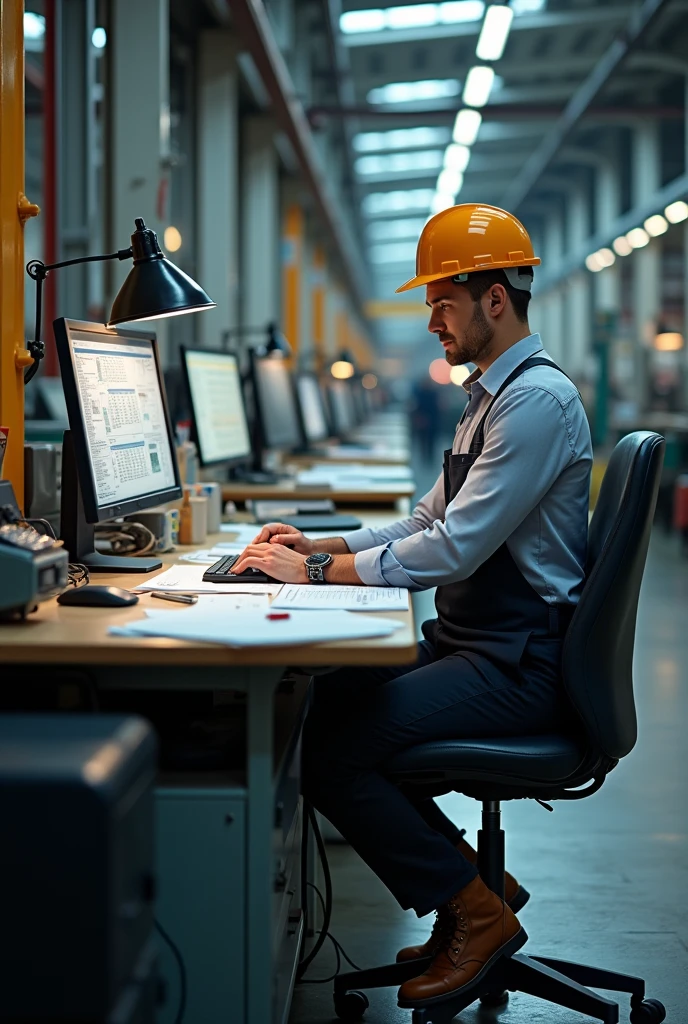 Electrical engineer 
Work clothes 
In a factory 
Desk
Series
Some paper
Euro pack
Iranian
